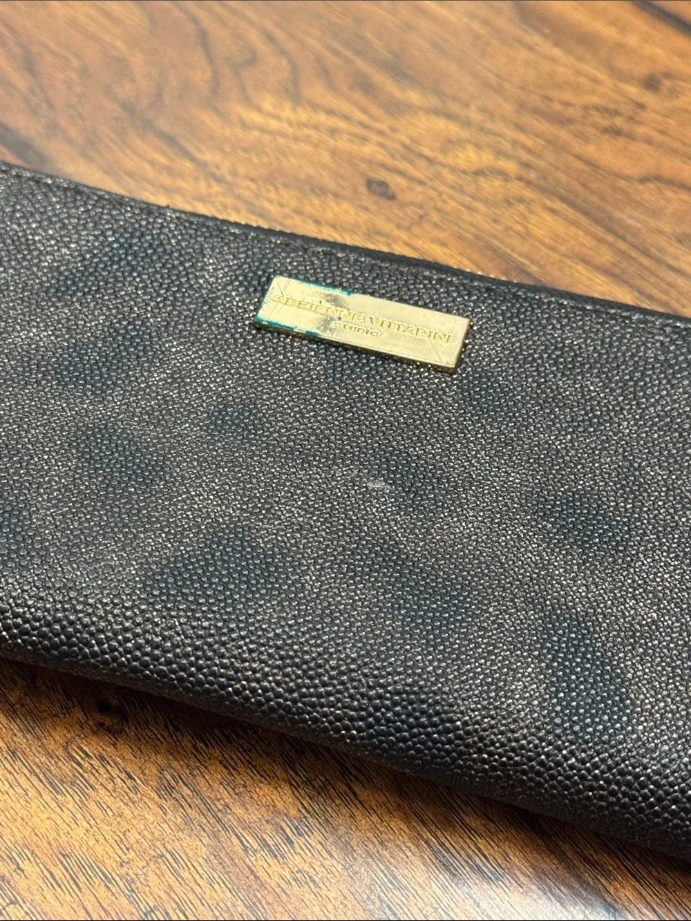 Adrienne Vittadini Black Zip Around Wallet Purple Interior Pebbled